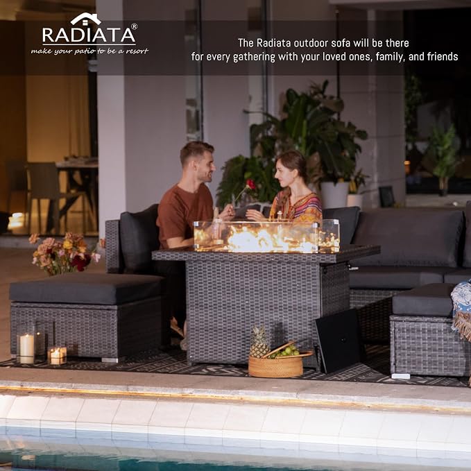 RADIATA 7 Piece Wicker Patio Furniture Set with Fire Pit, All-Weather Outdoor Sectional Couch High Back Large Size, Modular Backyard Seating Sofa Set with Propane/Natural Gas Firepit Table, Dark Gray
