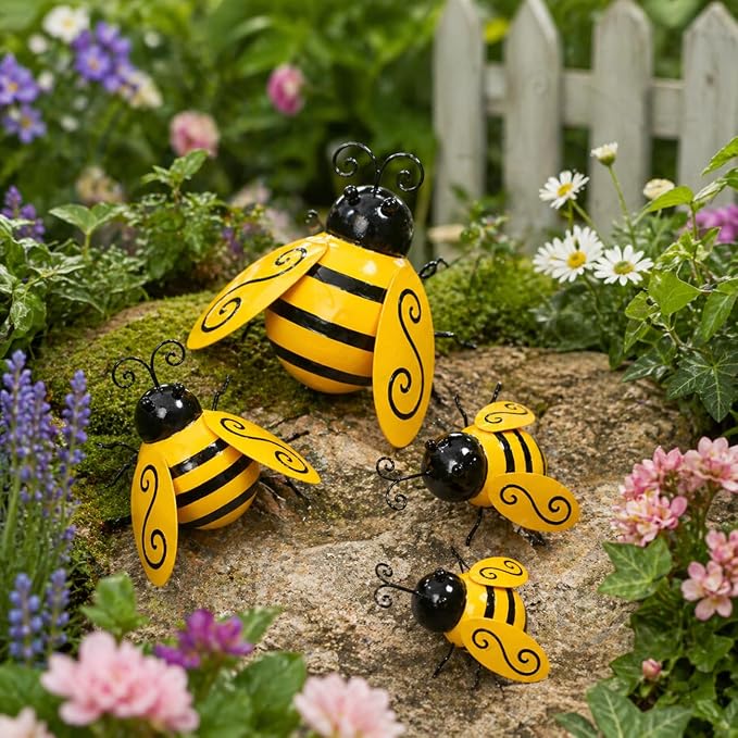 Metal Bumble Bees Garden Outdoor Decor Honey Bee Yard Art Outside Patio Fence Home Wall Decorations (Set of 4)
