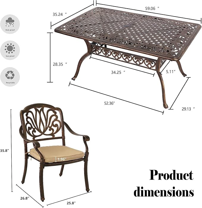 Grepatio 7 Piece Cast Aluminum Patio Dining Set, Outdoor Dining Furniture Set, Patio Table with Umbrella Hole and 6 Dining Chairs with 6 Cushions for Poolside Garden (Khaki)
