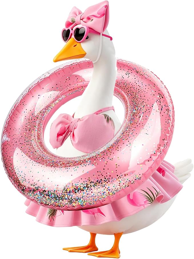 Summer Porch Goose Outfits Bikini - Hawaiian Porch Goose Clothes with Sunglasses and Swimming Ring for 23" Cement Goose Statue, Pink Flamingos Lawn Geese Costume Garden Yard Decor
