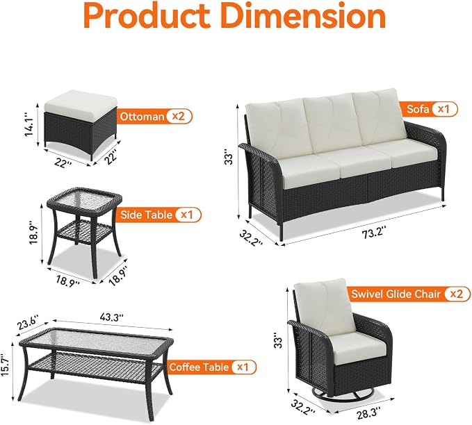 Aoxun Luxury 7-Piece Patio Furniture Set, 360° Swivel Chairs, Wicker Rattan Sofa with Thick Cushion, Outdoor Conversation Set for Backyard, Poolside & Garden, Black/Beige