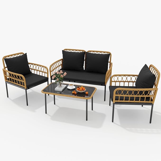GarveeLife 4 Pieces Patio Furniture Sets Wicker Outdoor Patio Table and Chairs Set with Glass Side Table, Loveseat Chairs, Boho Rattan 4 Seater Conversation Sets for Backyard, Porch, Bistro, Black