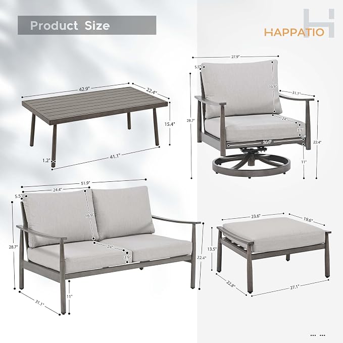HAPPATIO Patio Outdoor Furniture Set - 6 Pieces Aluminum Outdoor Conversation Set with 1 Cushioned Loveseat, 1 Coffee Table, 2 Swivel Chairs, and 2 Ottomans for Yard, Porch, and Deck (Grey)