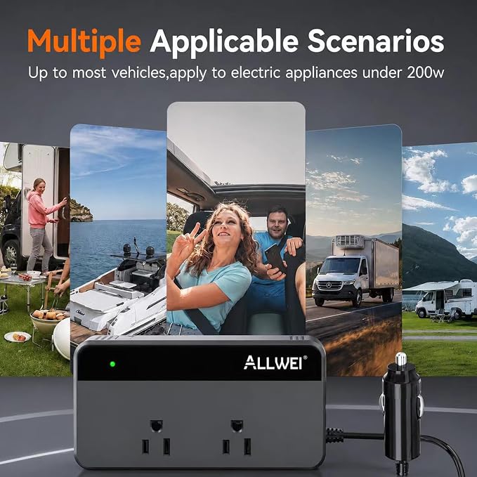 ALLWEI 200W Car Power Inverter, 12V DC to 110V AC Car Inverte with 4 USB Fast Charging Port(2xUSB A, 2xUSB C)- Car Charger Cigarette Lighter Adapter for Phone, Laptop and Small Devices on Road Trip
