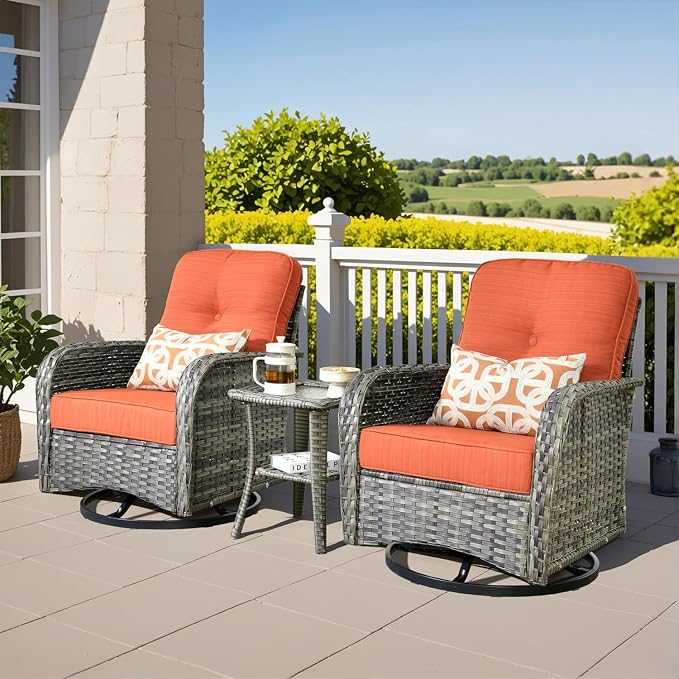 3 Pieces Patio Furniture Set, Outdoor Swivel Rocker Patio Chairs with Coffee Table, All Weather Thickened Cushion Patio Conversation Set for Porch Balcony Deck Poolside Garden Sunroom, Orange