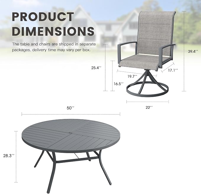 Outdoor Dining Set for 6, 50.1" Outdoor Dining Table with Umbrella Hole and Padded Textilene Patio Swivel Chairs, 7 Pieces Patio Table and Chairs Set for Garden Backyard, Grey and Dark Grey
