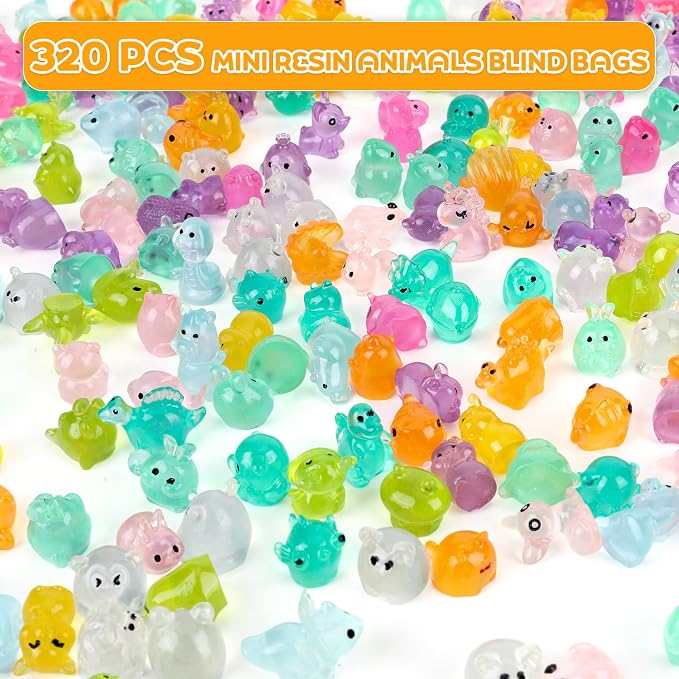 320 Pcs Mystery Mini Resin Animals Blind Bags,Tiny Glow in The Dark Animal Resin Models, mini resin figures,resin animals variety pack for Birthday Party Gift, DIY Crafts, Ornaments, Random Design