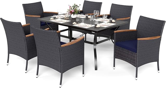 MFSTUDIO Patio Table and Chairs, Outdoor Dining Sets for 6, 7 Pieces Wicker Patio Dining Set with Rectangular Table, Outdoor Metal Dining Furniture with Rattan Chairs