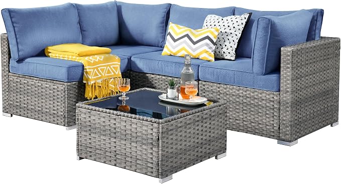 Weaxty 5 Pieces Patio Furniture Sets,Wicker Outdoor Sectional Sofa with Thicken Cushion and Rattan Coffee Table,Patio Conversation Couch Set for Porch, Balcony,Yard, Poolside,Denim Blue