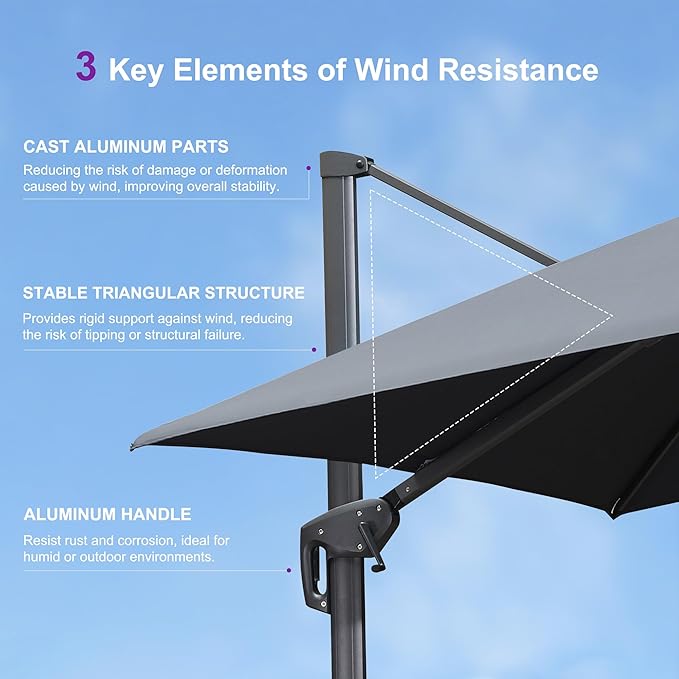 PURPLE LEAF 11FT Cantilever Outdoor Umbrellas Large Patio Umbrella Hanging Double Top Square Offset Umbrella with 360°Rotation Tilting Umbrella Outdoor Patio, Grey