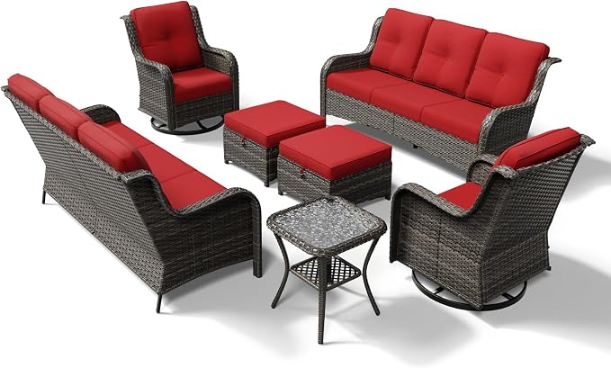 Joyside 7 Piece Wicker Patio Furniture Set, Outdoor Swivel Rocker Patio Chairs with High Back, Deep Seating, Wide Armrest, Thickened Cushions, Outdoor Furniture for Deck, Porch Use