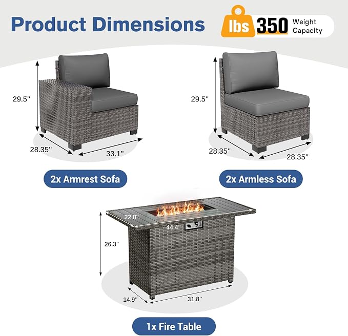 5 Piece Patio Furniture Set with Fire Pit Table, Outdoor Conversation Sets Grey Wicker Rattan Sectional Sofa, 4'' Thickened Cushion Dark Grey