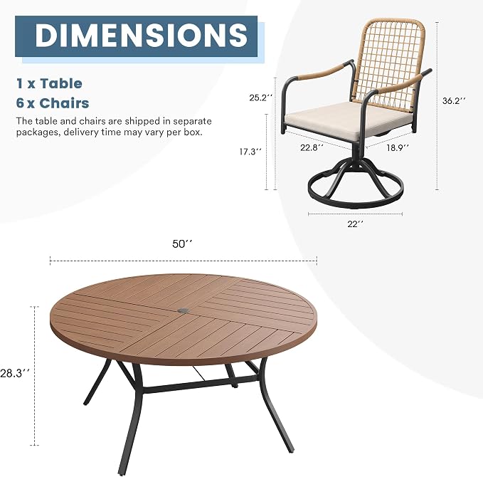 DIFY 7 Pieces Outdoor Dining Set, Metal Patio Table and Chairs Set for 6, 50" Round Dining Table with Umbrella Hole & Wicker Swivel Patio Chairs with Cushions, Walnut Tabletop