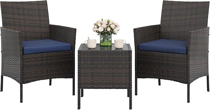 3-Piece Outdoor Patio Bistro Set – Brown Rattan Wicker, Blue Cushions, Tempered Glass Table – Space-Saving for Balcony, Yard, Porch – Brown Gradient Four-Line Rattan + Blue Cushion