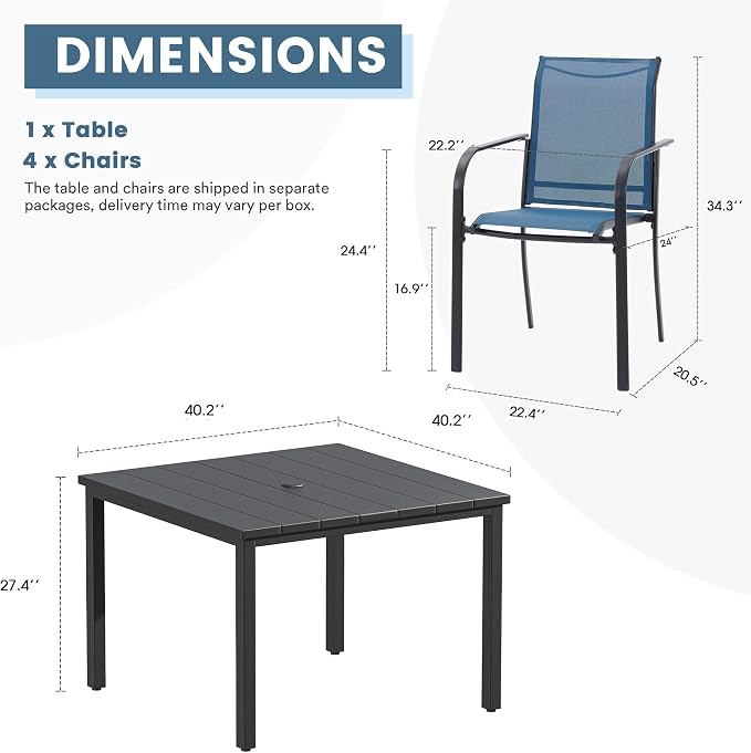 DIFY 5 Pieces Outdoor Patio Dining Set for 4, 40.2" Black Square Metal Dining Table and 4 Blue Stackable Textilene Patio Chairs, Outdoor Table and Chairs for Backyard Garden Poolside