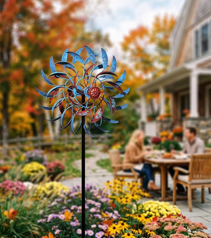 4 Layer Wind Spinner Metal Vine Scroll Kinetic Garden Yard Art Decor | Hand-Crafted Art, 4-layer vine scroll metal spinner, Whisper-quiet dual rotation, Adjustable height stake