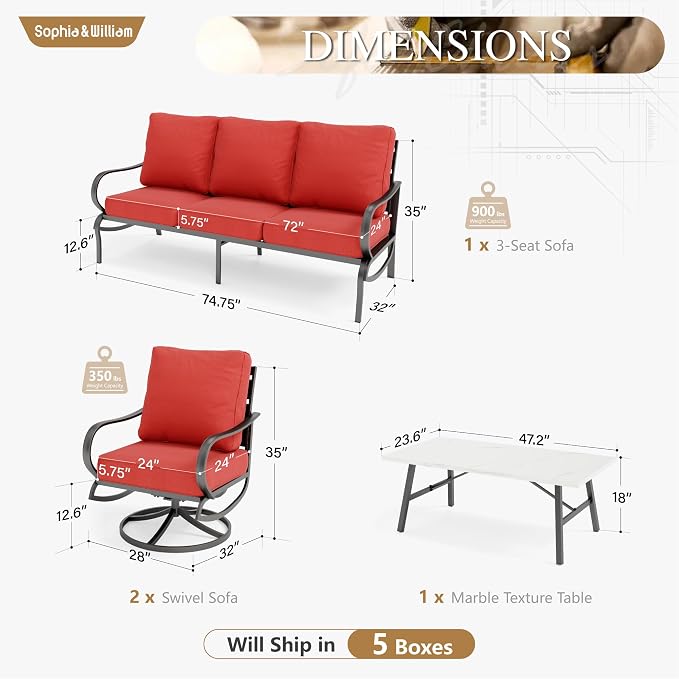 Sophia & William Patio Furniture Sets 5 Seats Outdoor Metal Conversation Sets 4 Pcs with 2 x Cushioned Swivel Sofa Chairs,1 x 3-Seat Sofa, 1x Marbling Metal Coffee Table Lawn Backyard Poolside Red