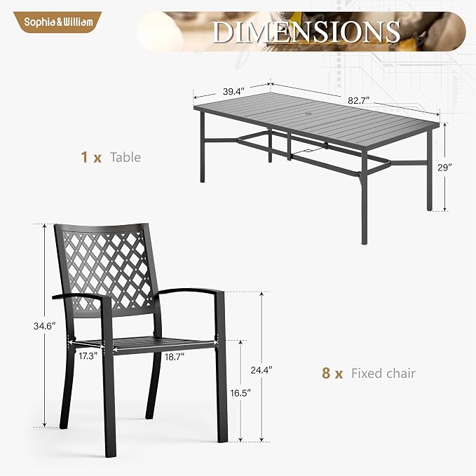 Sophia & William Patio Table and Chairs Set, Outdoor Dining Set for 8, 9 Piece Metal Patio Furniture, 82.7" Black Rectangular Table(Diamond)