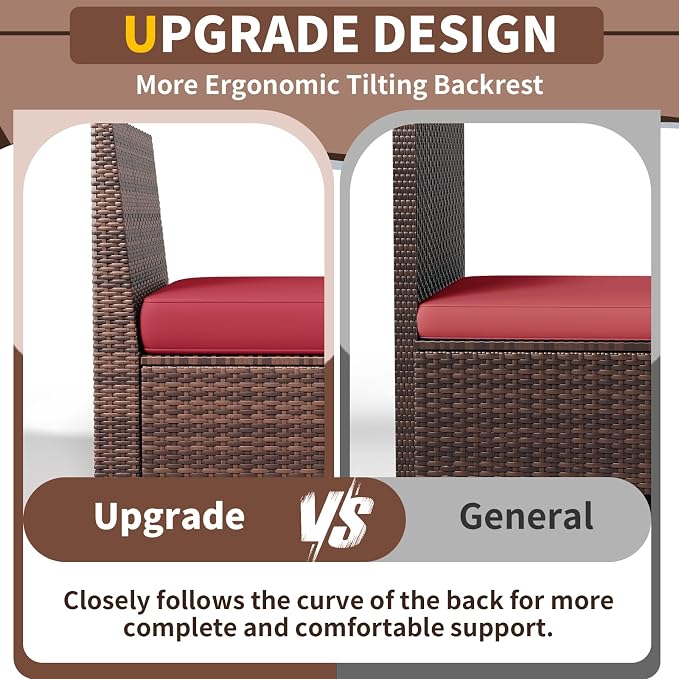 Patio Furniture with Fire Pit Table,8‘’ Wide armrest Outdoor Sectional Rattan Sofa Set, Wicker Patio Furniture Sets w/Coffee Table,Thick Cushions and Cover for Porch, Balcony,7PC (Brown&Wine)