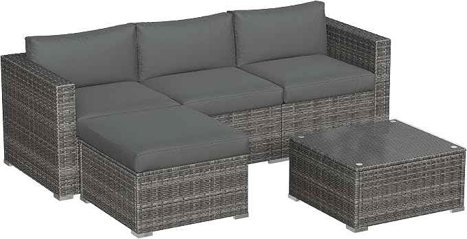 Fansafun Outdoor Patio Furniture Set, 5 Piece Patio Conversation Set, Waterproof Wicker Patio Furniture Set, All Weather Combination Patio Conversation Sets with Cushions and Glass Table, Grey