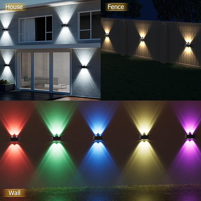 Solar Fence Lights Outdoor, 12 Pack Warm & Cool White RGB LED IP68 Waterproof Wall Mount Sconce Up & Down Solar Lights for Outside Garden Patio Backyard Garage Step(Black