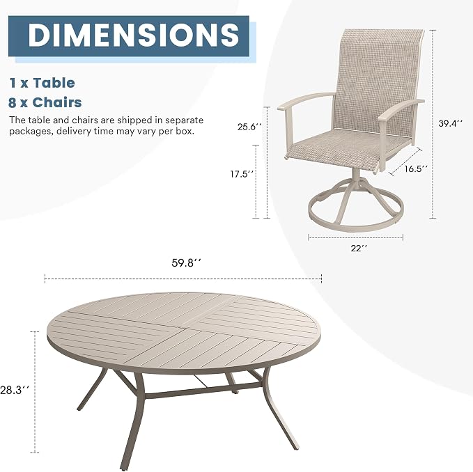DIFY 9 Pieces Outdoor Dining Set, Metal Patio Table and Chairs Set for 8 with Umbrella Hole, 59.8" Round Outdoor Table and Textilene Swivel Patio Chairs for Garden, Backyard, Poolside, Sandshell