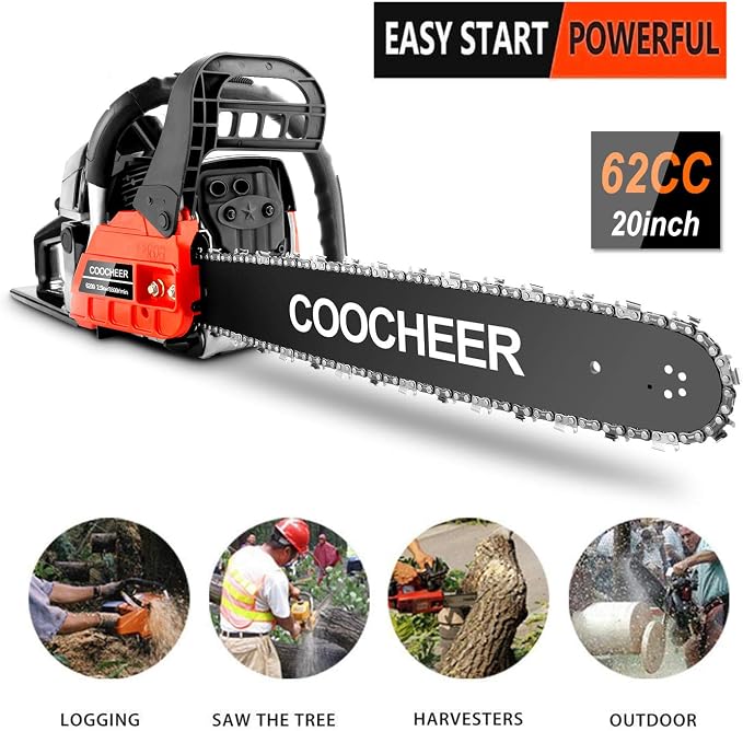 COOCHEER Gas Chainsaw 62CC 20Inch Gas Powered Chain saws, 3.5HP 2-Stroke Gasoline Chain Saw with for Tree Stumps, Limbs, Tree Felling, and Firewood Cutting(Black&Red 2023 Updated)