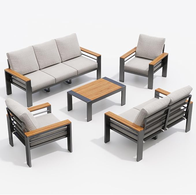 Aoxun Patio Furniture Set, 7 Piece Aluminum Patio Sets with 5" Thicken & Washable Cushion, Waterproof Outdoor Furniture with Coffee Table, Outdoor Couch Sectional for Backyard, Porch and Garden