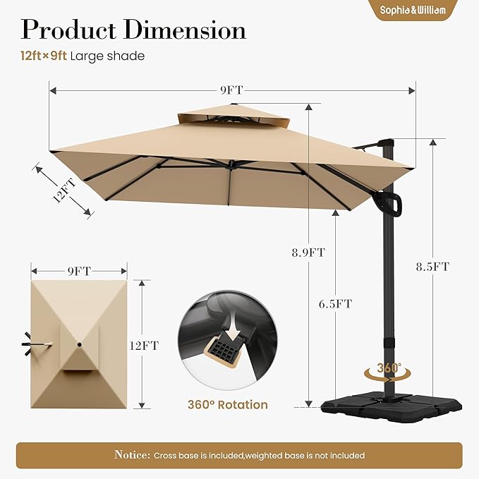 Sophia & William 12ft Cantilever Patio Umbrella with Base, Outdoor Offset Large Rectangular Umbrellas with 360-degree Rotation, Aluminum Pole for Garden Pool Backyard, Beige