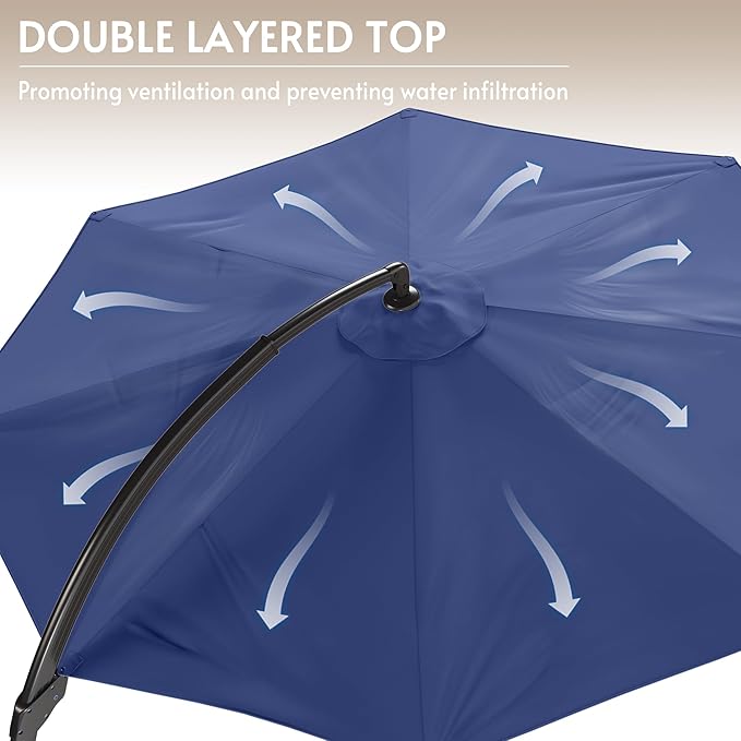11FT Solar Powered LED Light Cantilever Patio Umbrella with Base Included, Large Cantilever Umbrella with 360°Rotation, Heavy-Duty Offset Outdoor Umbrella for Patio,Pool,Backyard (Navy blue)
