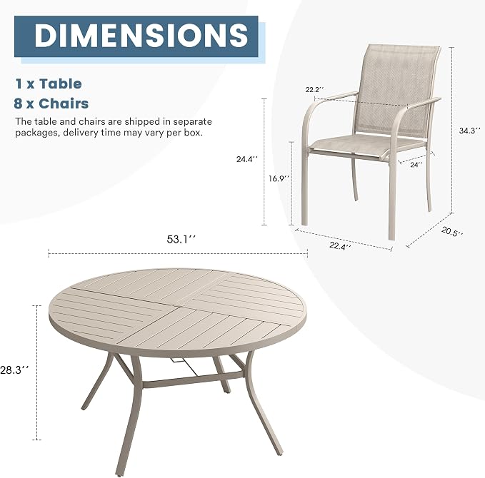 DIFY 9 Pieces Outdoor Patio Dining Set for 8, 53.1" Sandshell Round Metal Dining Table and 8 Sandshell Stackable Sling Dining Chairs, Outdoor Table and Chairs for Lawn Garden Backyard Deck