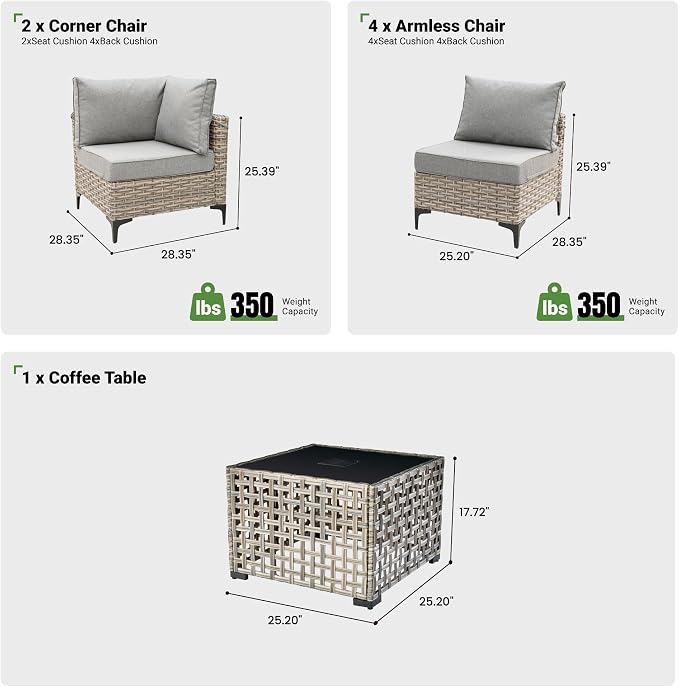 7 Piece Outdoor Patio Furniture with Glowing Coffee Table, Rattan Wicker Conversation Set with Sofa, Sectional Single Chairs for Outside Porch Balcony Backyard Pool,Grey