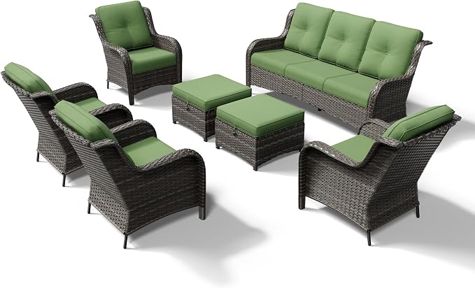 Joyside 7 Piece Wicker Patio Furniture Set, Rattan Patio Chairs with High Back, Deep Seating, Wide Armrest, Thickened Cushions, Outdoor Furniture for Deck, Porch Use