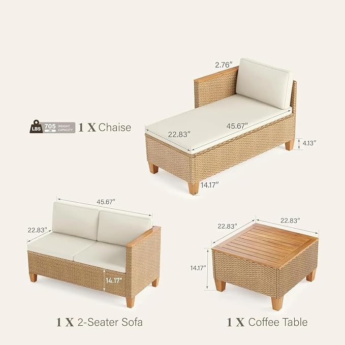 Small Patio Furniture Set 3 Pieces All-Weather Wicker Outdoor Sectional Sets Rattan Conversation Set with Table and Comfortable Seat Cushion
