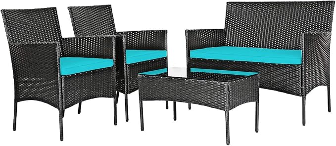 Tangkula 8 Piece Patio Furniture Set, Outdoor Wicker Conversation Set with Tempered Glass Coffee Table, Rattan Loveseat & Chairs Set with Seat Cushions for Backyard, Garden, Poolside (2, Turquoise)
