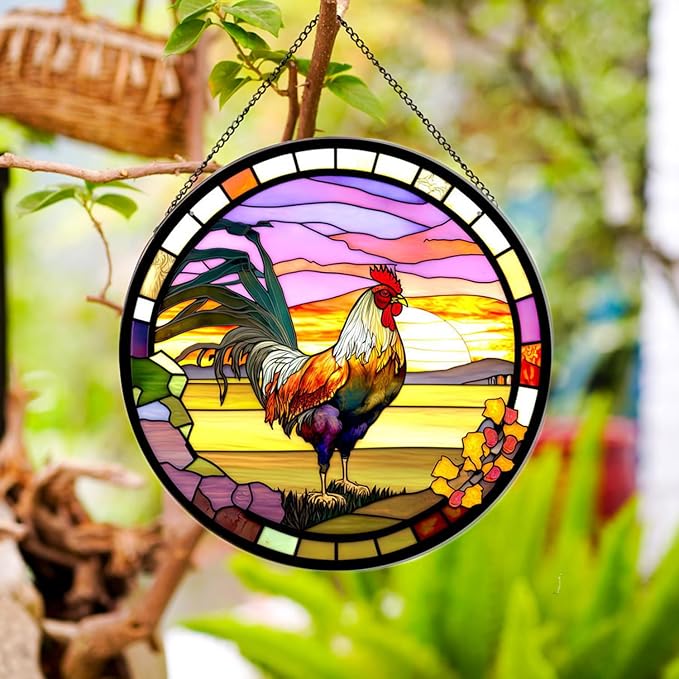 Rooster Hanging Stained Glass Sun Catcher,20cm/7.87inch Hand-Painted Sun Catcher Garden Hangings Christmas Mother's Day, Valentine's Day Ornaments Festival Gift