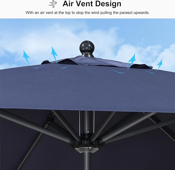 PURPLE LEAF 9' Round Patio Market Umbrella with Base Outdoor Table Umbrellas Aluminum Frame Sun Shade with 8 Sturdy Ribs Tilt for Garden Deck Lawn Pool Navy Blue