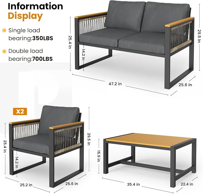 Pamapic 6 Pieces Outdoor Patio Furniture Set with Wicker Handrails, Plastic-Wood Balcony Furniture with Wicker Arm Panel, All-Weather Metal Patio Conversation Sets with Cushion and Coffee Table