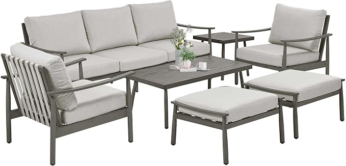 HAPPATIO Patio Outdoor Furniture Set - 7 Pieces Aluminum Outdoor Conversation Set Includes 1 Three-Seater Sofa, 1 Coffee Table, 1 Side Table, 2 Armchairs and 2 Ottomans for Porch Lawn (Grey)