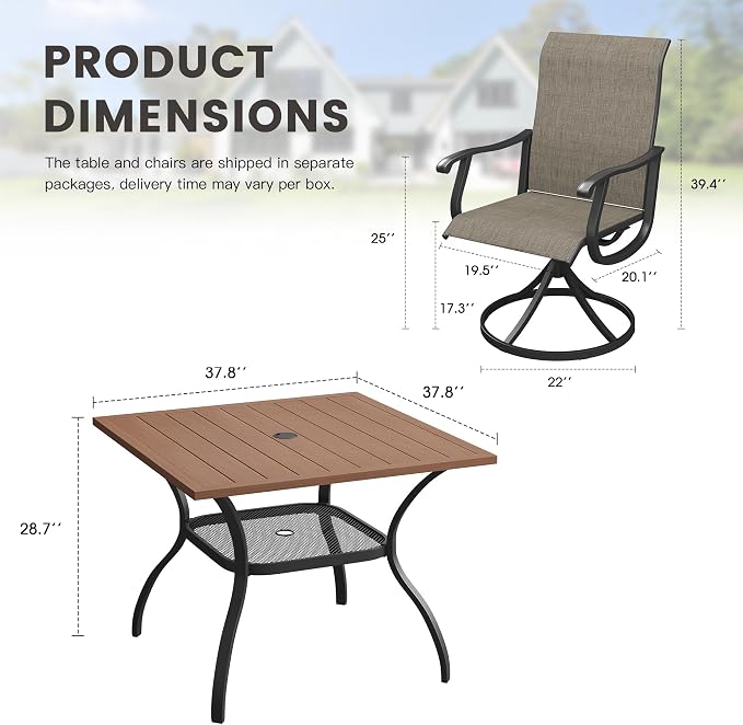 Outdoor Dining Set for 4, 37.8" Metal Outdoor Dining Table with Umbrella Hole and Sling Patio Swivel Chairs, 5 Pieces Patio Table and Chairs Set for Garden Backyard, Mixed Brown and Walnut