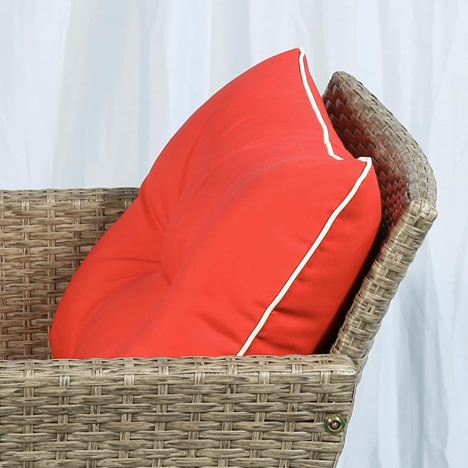 Outsunny 5 Pieces Rattan Wicker Lounge Chair Outdoor Patio Conversation Set with 2 Cushioned Chairs, 2 Ottomans and Tempered Glass Top Coffee Table, Brown/Red
