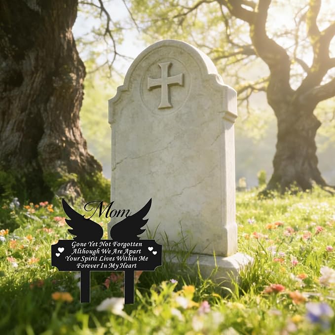 Metal Grave Marker Stake - Cemetery Garden Decor for Mom, Rust-Proof All-Weather Outdoor Remembrance Plaque, in Loving Memory of Mom Memorial Yard Sign