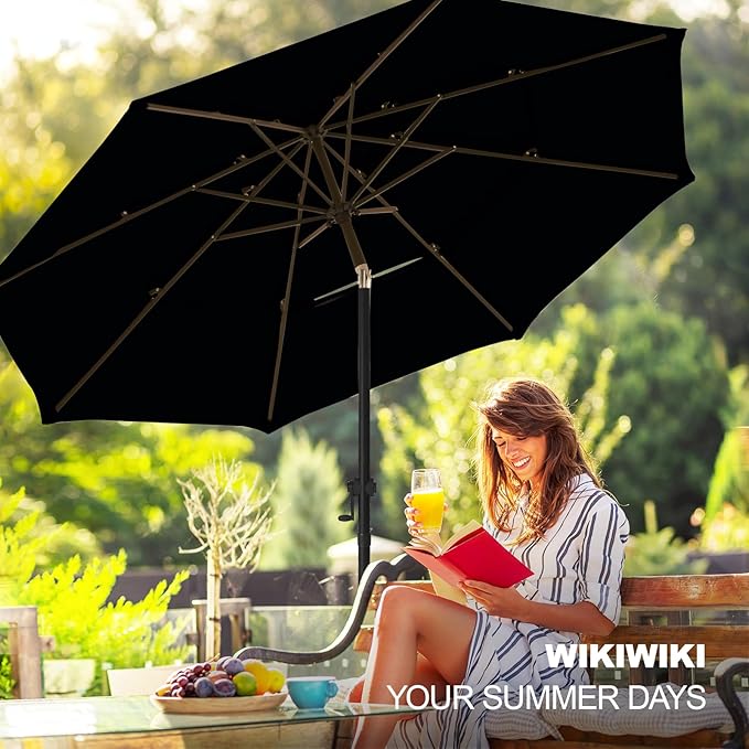 wikiwiki 9ft 3-Tier Patio Umbrella Outdoor Table Market Umbrella for Patio with Push Button Tilt/Crank, Fade Resistant Waterproof POLYESTER Canopy for Garden, Lawn, Deck, Backyard & Pool, Black