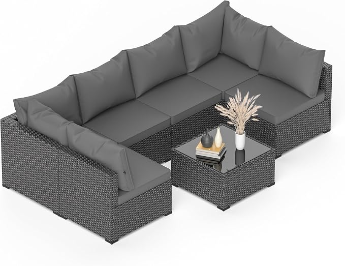 Patio Furniture Set, 7PCS Outdoor Sectional PE Rattan Patio Conversation Set w/Thickened Cushion Patio Sectional Modular Wicker Patio Sofa Set w/Coffee Table for Balcony, Backyard(Grey)