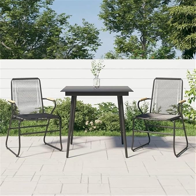 Afuera Living Contemporary Outdoor Dining Set, Black PVC and Powder-Coated Metal, Includes 31.5 in Square Table and 2 Chairs, Weather-Resistant, Industrial Style Garden or Patio Furniture for 2 People
