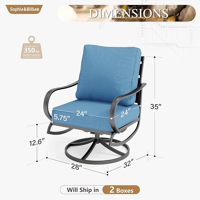 Sophia & William 2 Pieces Patio Furniture Sets Metal Sofa Chairs Patio Cushion Armchairs Swivel Sofa Chairs with Removable Cover for Garden Backyard Poolside Navy