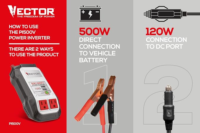 Vector 500 Watt Power Inverter, PI500V, Dual Power Inverter, Two USB Charging Ports,Grey