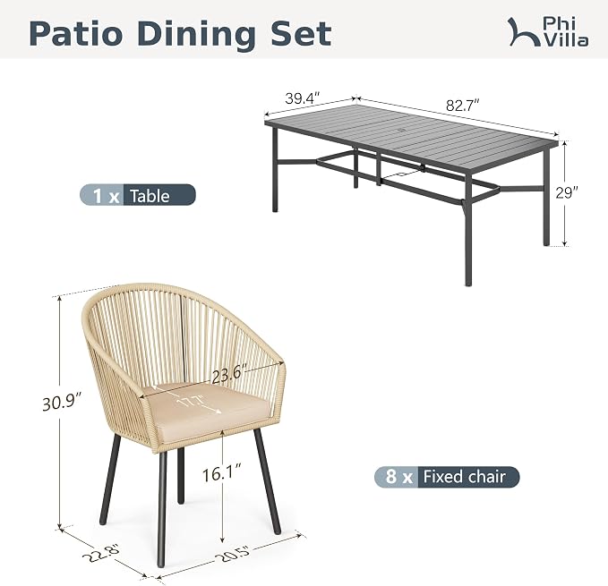 PHI VILLA 9pc Outdoor Dining Set, 83" Rectangle Table & 8 Rattan Chairs | Outdoor dining set for 8, Metal table with umbrella hole, Cushioned brown wicker chairs. Modern design for patio, deck, porch