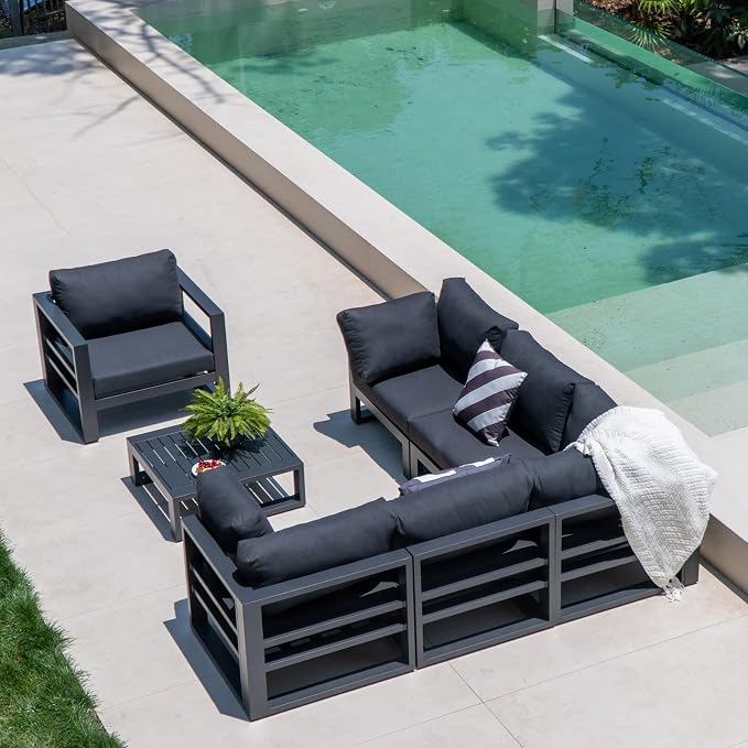 5 Pieces Patio Furniture Set Outdoor Aluminum Sectional Sofa Couch All-Weather Conversation Set with Upgraded Dark Grey Cushions