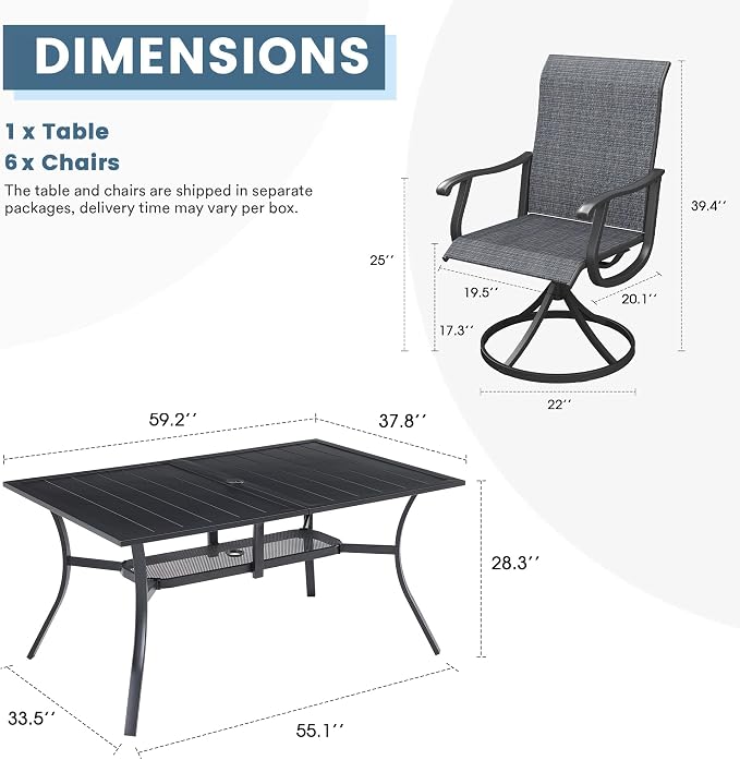 DIFY Outdoor Dining Set for 6, 7 Piece Patio Table and Chairs Set, Swivel Patio Chairs with Dark Grey Textilene & 59.2" Black Rectangle Metal Dining Table with Umbrella Hole, for Garden Backyard Deck